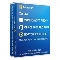 Zestaw Windows 11 Pro + Office 2024 Pro Plus + Norton 360 Deluxe – klucz licencyjny z fakturą VAT 23%