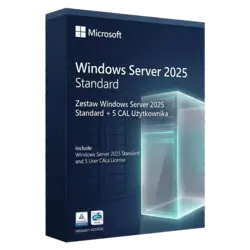 Microsoft Zestaw Windows Server 2025 Standard + 5 CAL Użytkownika – natychmiastowa dostawa email, wsparcie w jęz. polskim