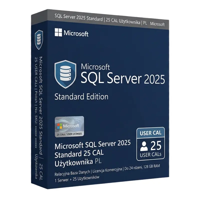 Microsoft SQL Server 2025 Standard 25 CAL Użytkownika – oryginalny klucz aktywacyjny | KluczeSoft.pl