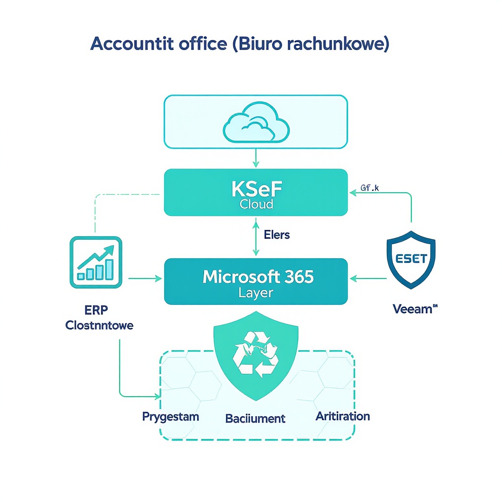 Stack IT dla biura rachunkowego 10-50 klientów — KSeF + ERP + Backup + M365